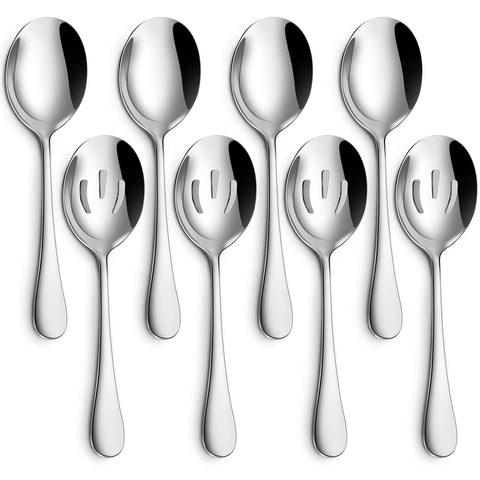 Hiware 8-piece serving set with four spoons and four slotted spoons for buffet service.