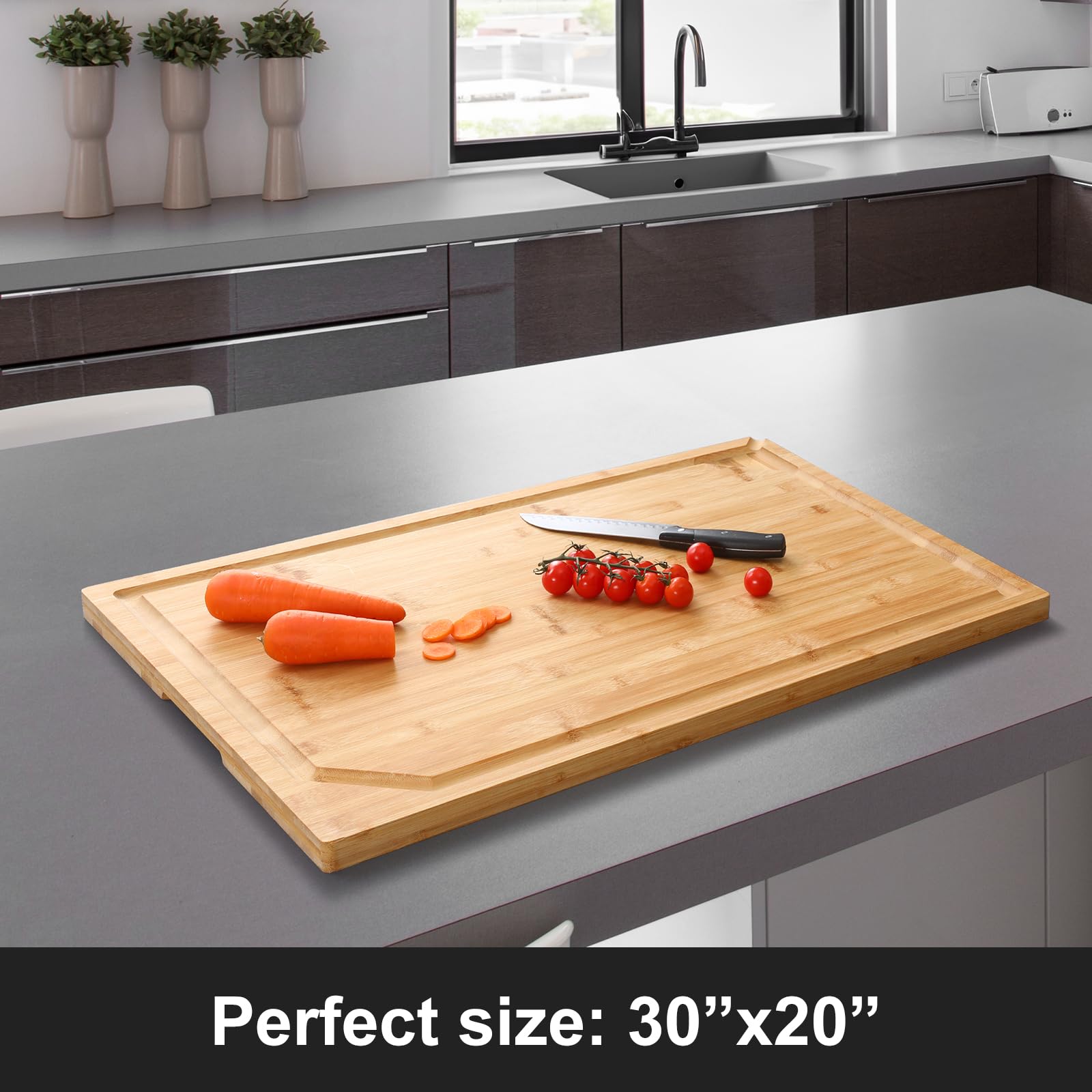 HIWARE bamboo cutting board with juice groove and spout for mess-free prep.