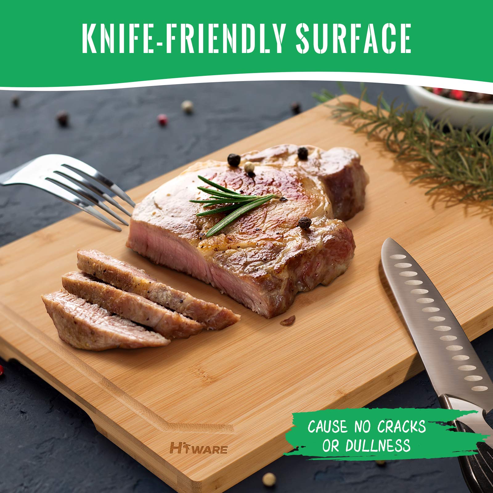 Hiware bamboo cutting board knife-friendly surface helps preserve blade sharpness.