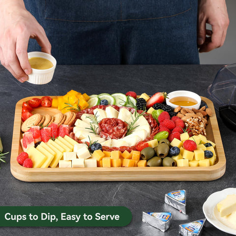 HIWARE charcuterie board includes two dip cups for sauces and dips.