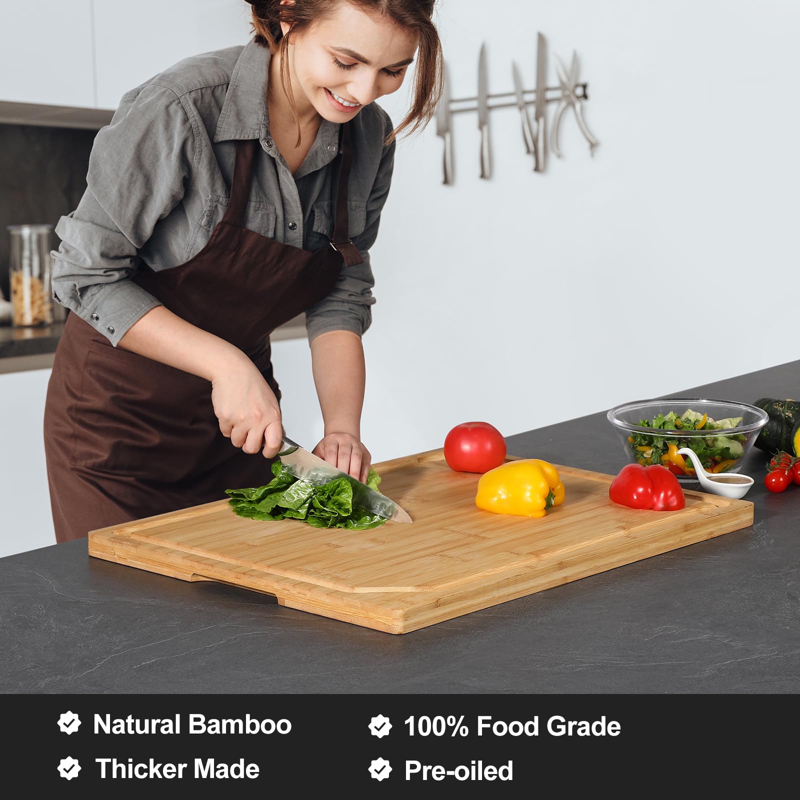 HIWARE cutting board on stove top demonstrates versatile serving on demand.