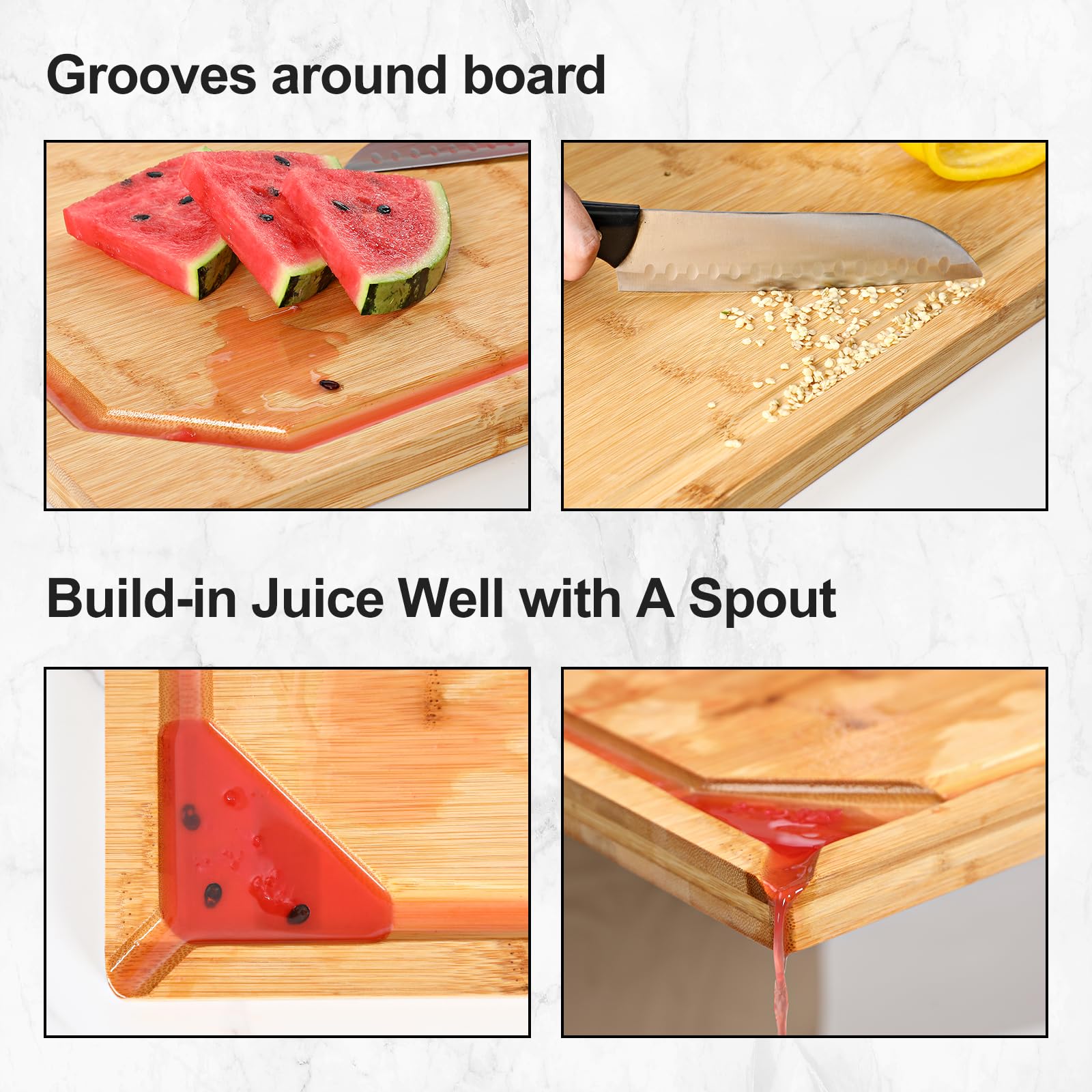 HIWARE cutting board with built-in handle enables easy grip.
