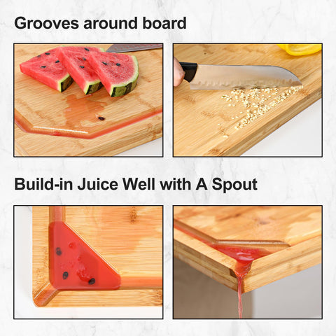 HIWARE cutting board with built-in handle enables easy grip.