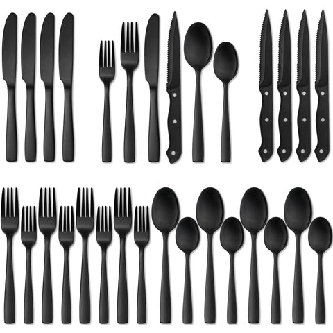 Hiware matte black silverware set on table, modern dining aesthetic and durability.