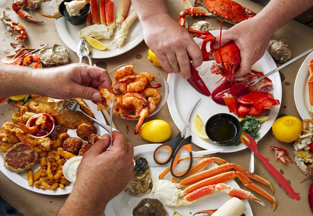 Hiware kitchen counter setup shows ready-for-use seafood kit.
