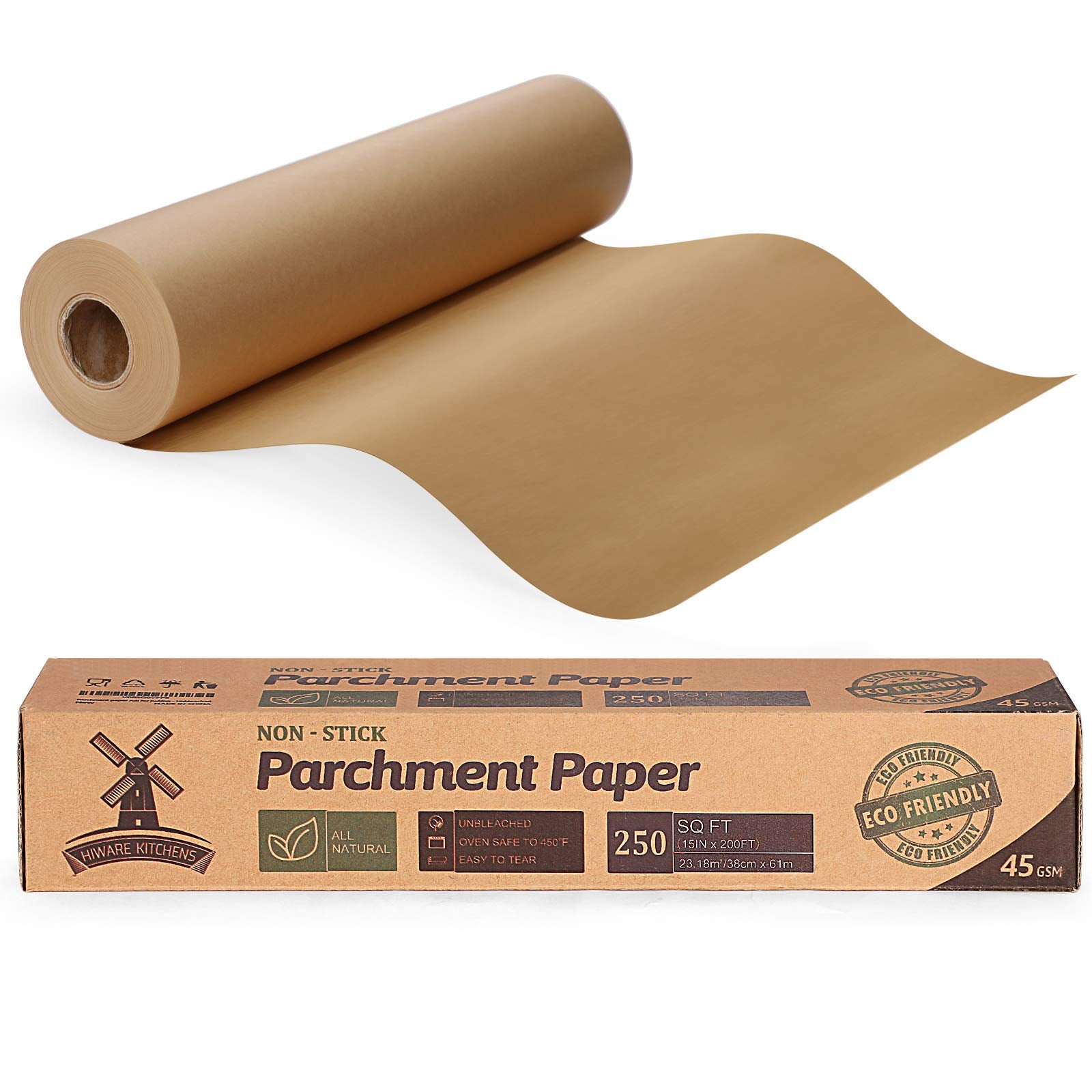 HIWARE unbleached parchment paper roll with 15-inch width for large pans and long use