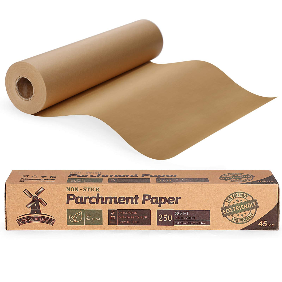 HIWARE unbleached parchment paper roll with 15-inch width for large pans and long use