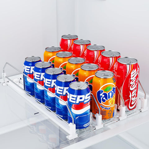 HIYOHIYO 3-row auto-push organizer front view enables quick drink access.