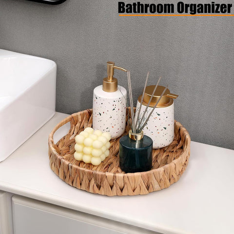 HJAYUXYO round tray on living room shelf enhances rustic warmth