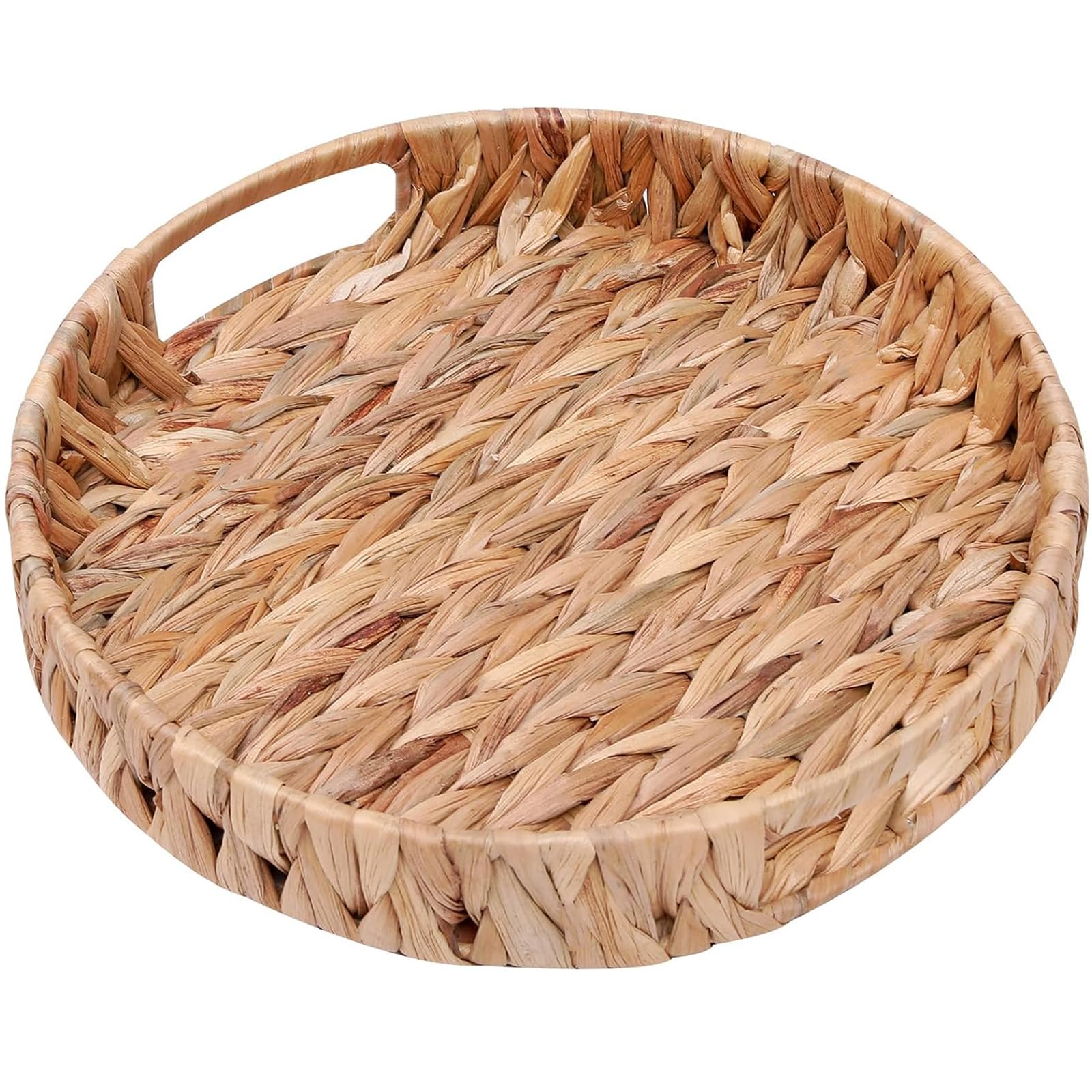 HJAYUXYO round woven tray with handles for easy serving and organization