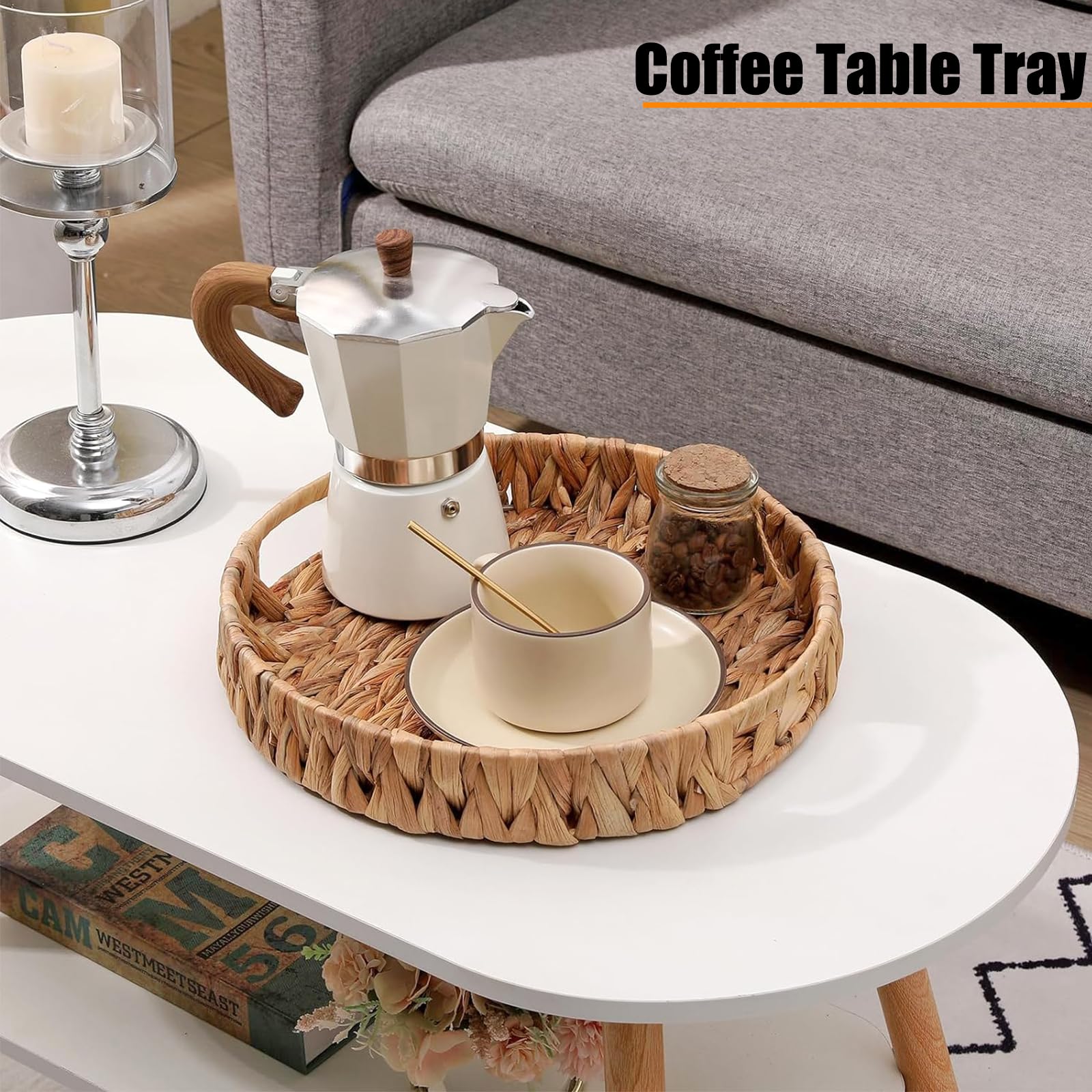 HJAYUXYO water hyacinth wicker tray adds natural texture to a coffee table