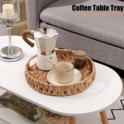 HJAYUXYO water hyacinth wicker tray adds natural texture to a coffee table