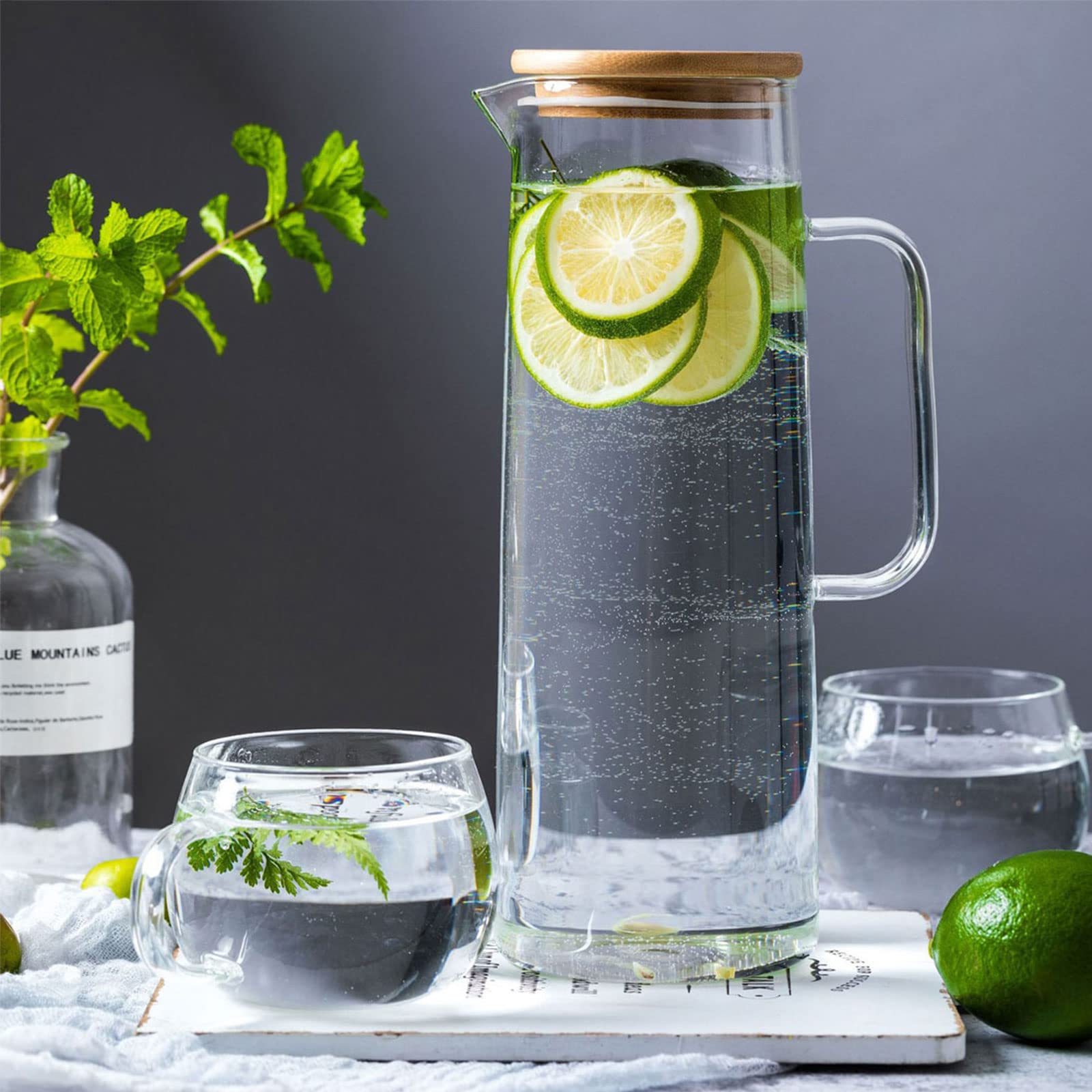 HJN water carafe with handle for easy fridge serving.