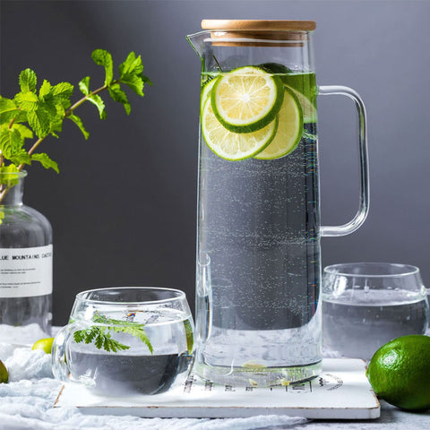 HJN water carafe with handle for easy fridge serving.