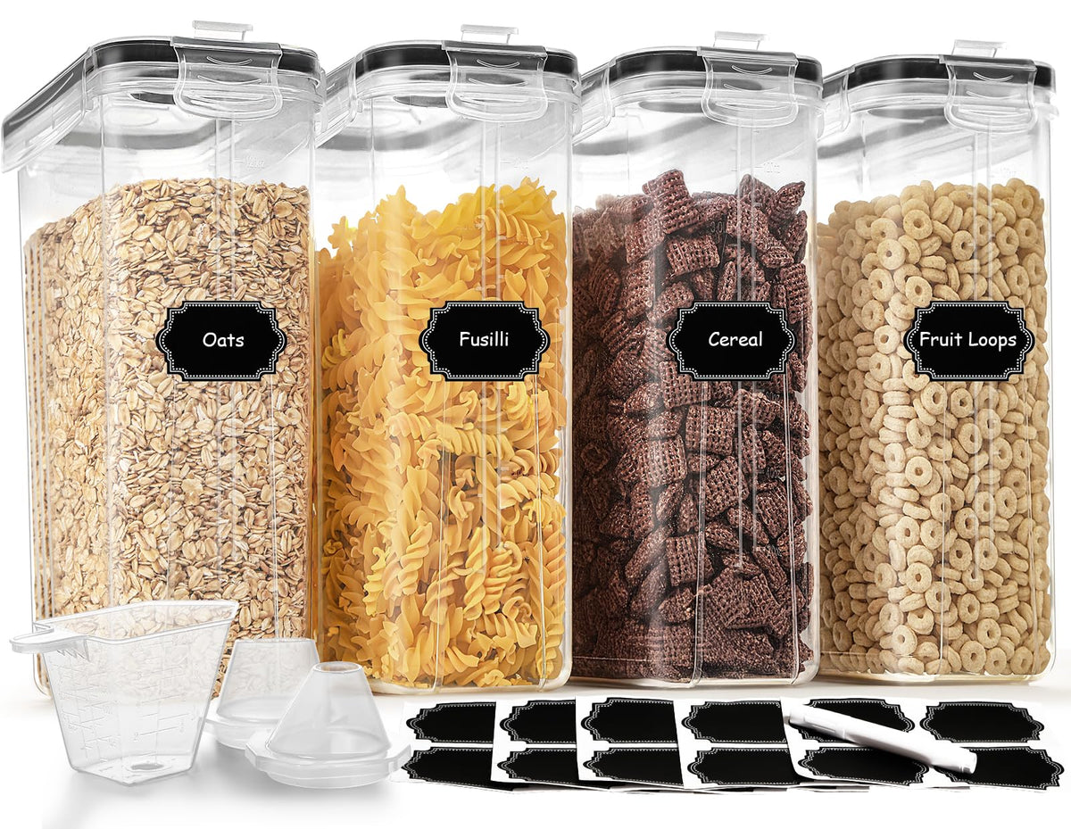 HKJ Chef cereal containers with airtight lids neatly organized on a shelf, ready for dry goods.