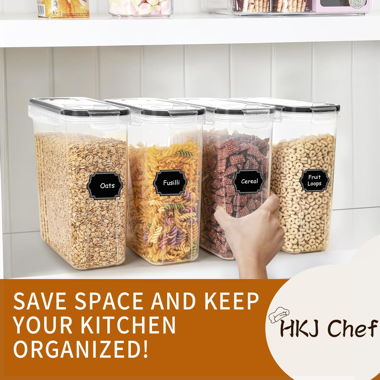 Stacked HKJ Chef containers saving cabinet space in a busy kitchen.