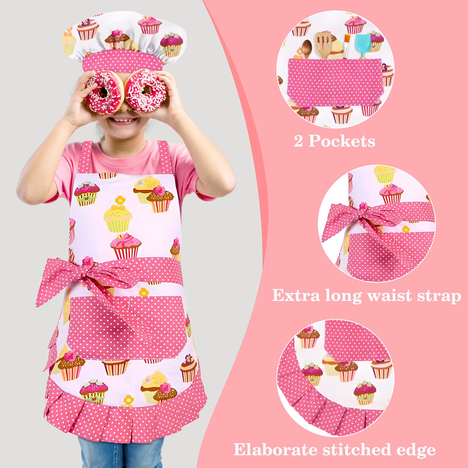 HKKDKTA cupcake-pattern apron brings bright, fun style to kids' baking activities.