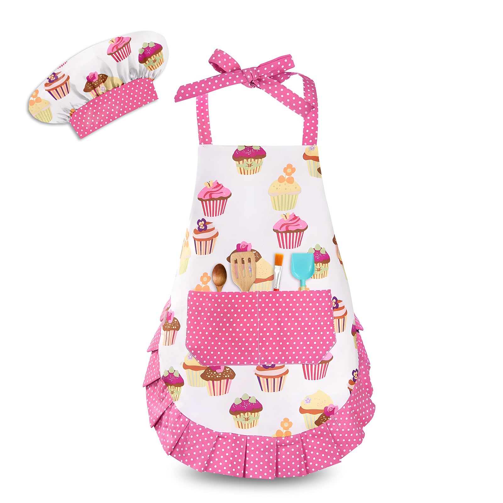 HKKDKTA kids apron with large pocket for easy tool storage while baking.