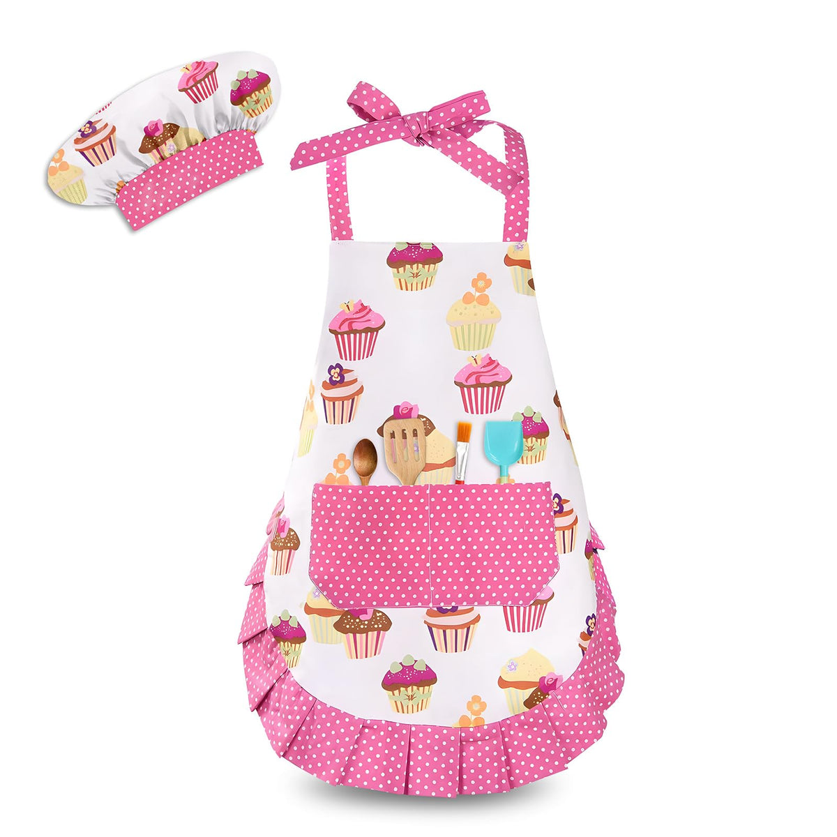 HKKDKTA kids apron with large pocket for easy tool storage while baking.