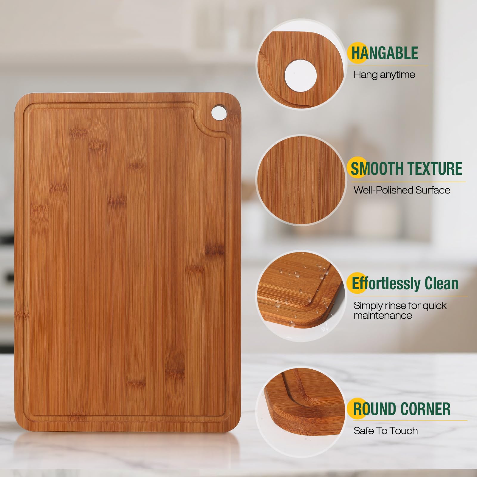 HKKZYT large bamboo cutting board 15x10 with knife-friendly surface