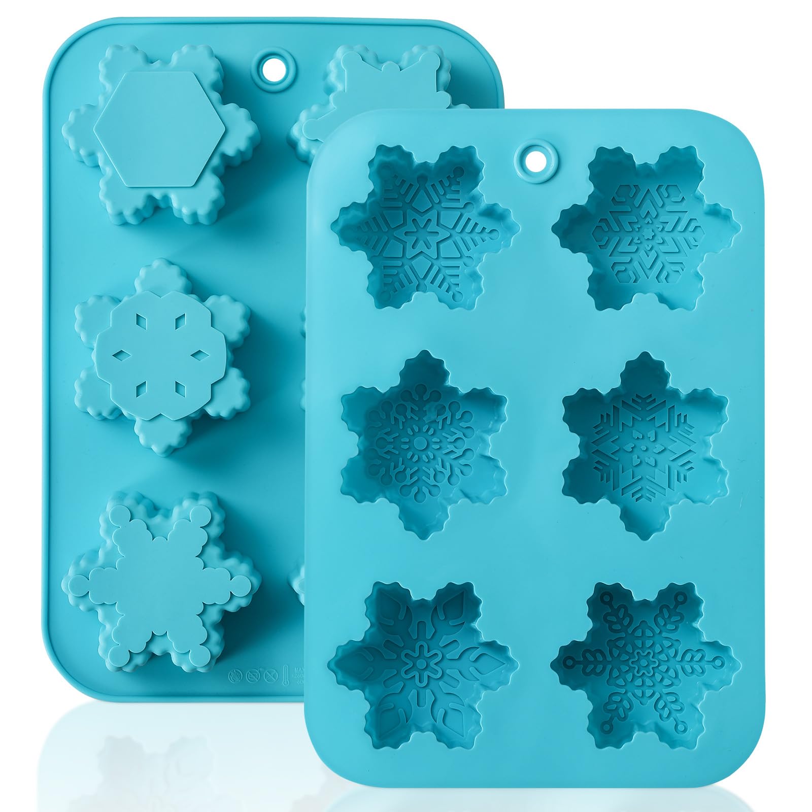 HKNMTT Snowflake silicone mold – top view shows six shapes for festive soaps and treats.