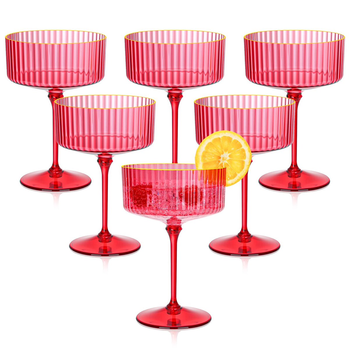 HKSZEH red ribbed coupe glass with gold rim for cocktails.