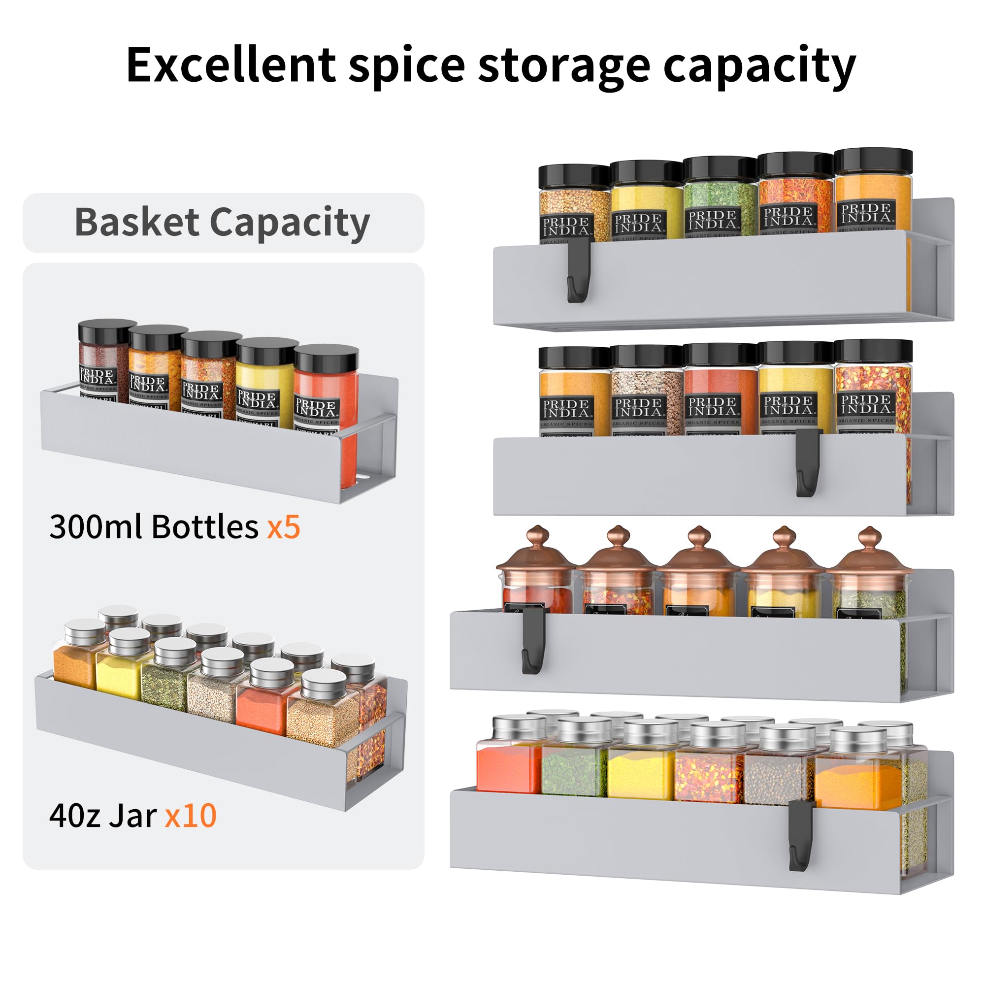Hleelomi spice bottles neatly stored on vertical fridge rack.