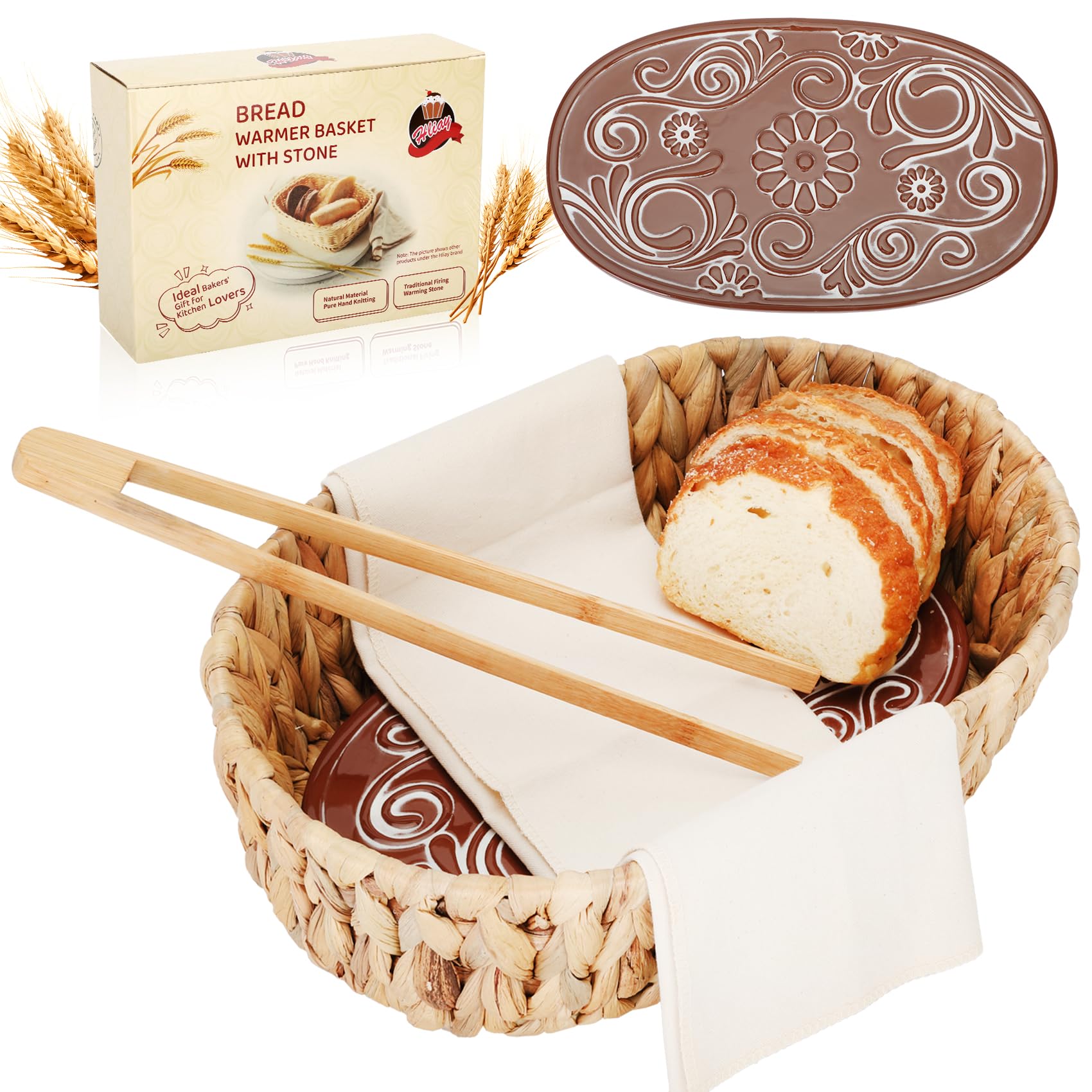 Hliay bread warmer basket with stone keeps loaves warm at the table.