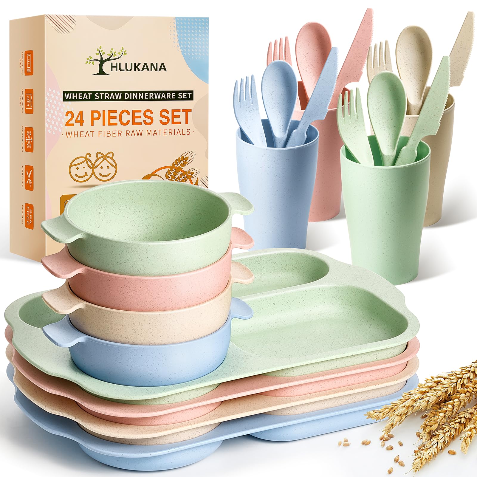 Hlukana wheat straw divided plates shown for family-friendly meals