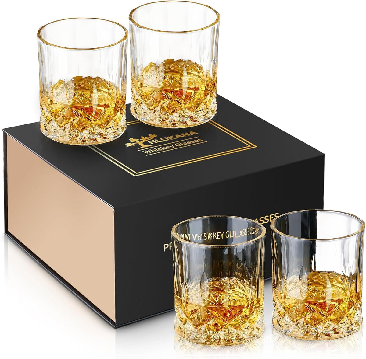 Hlukana four-pack whiskey glasses in a gift box, ideal for celebrations.