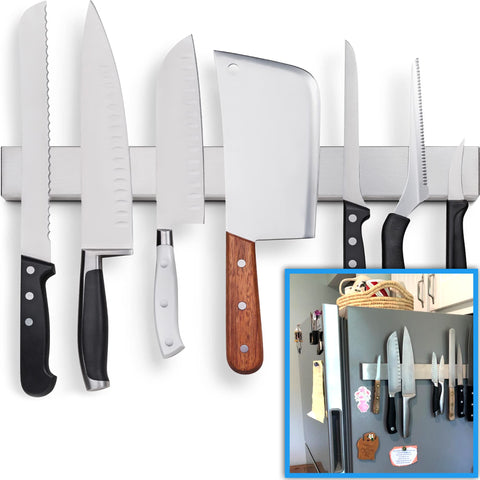 HMmagnets 17-inch knife holder on fridge keeps knives within easy reach.
