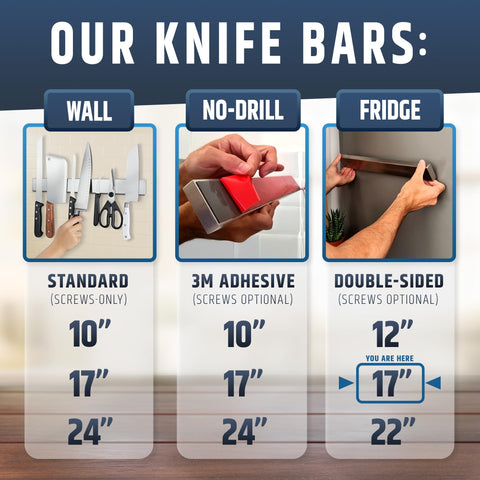 HMmagnets double-sided magnetic strip holds knives of all sizes securely.