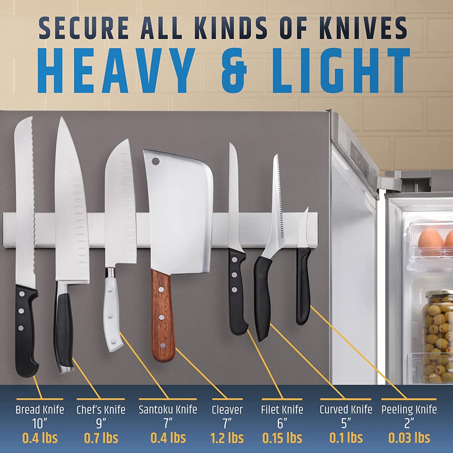HMmagnets heavy-duty magnets keep chef and butcher knives safely in place.