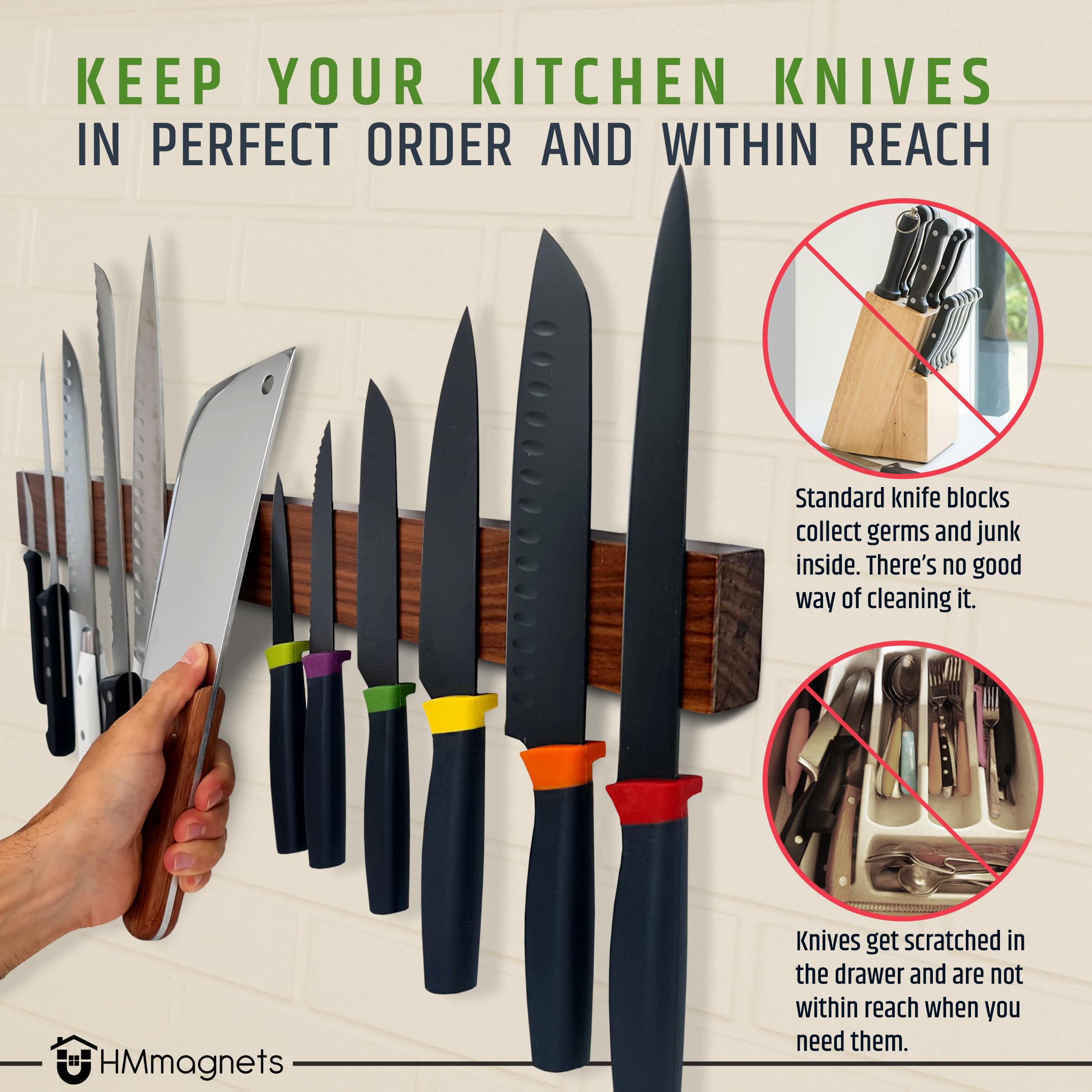 HMmagnets knife strip securely holding diverse kitchen blades