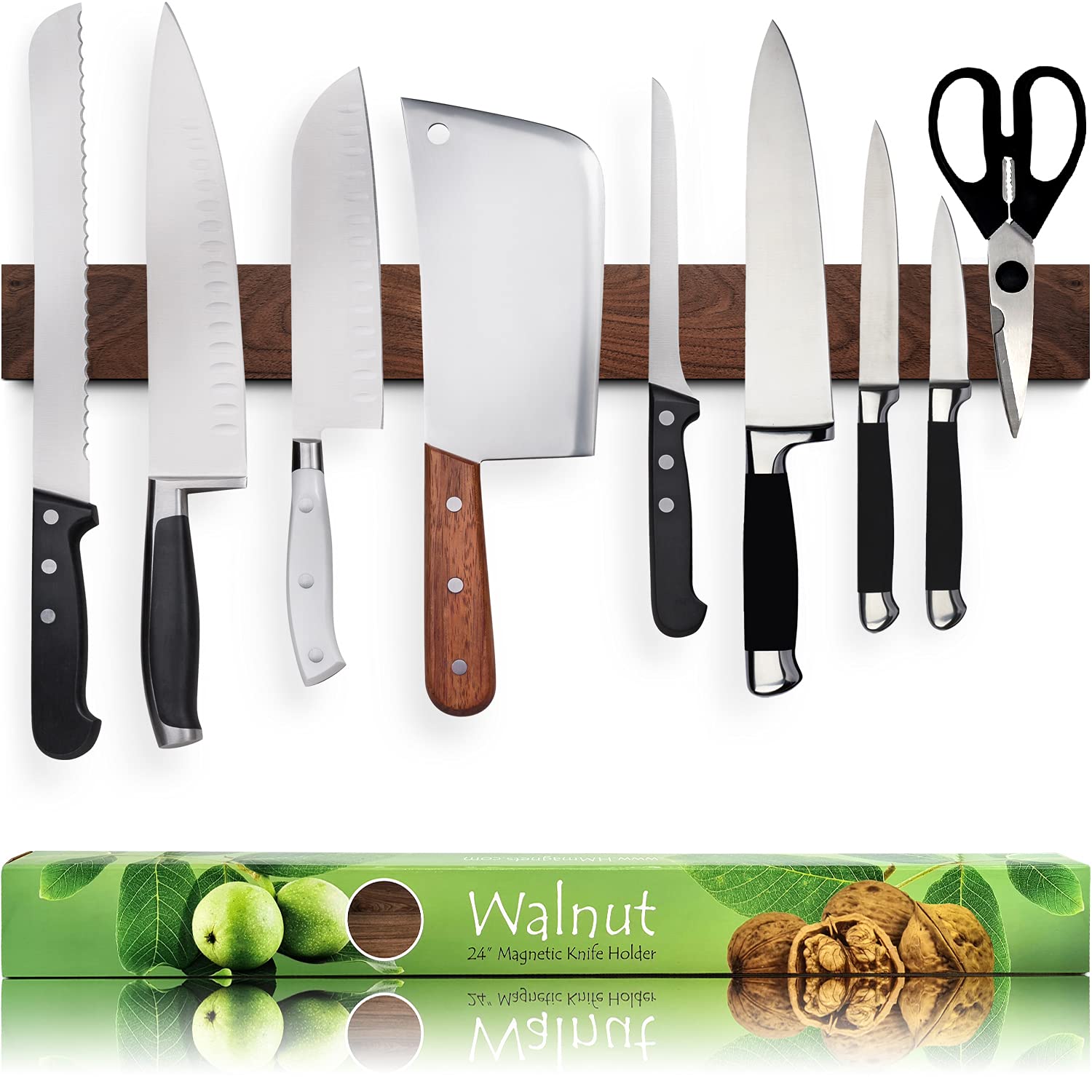HMmagnets premium walnut knife strip wall mount showing natural grain and sleek finish
