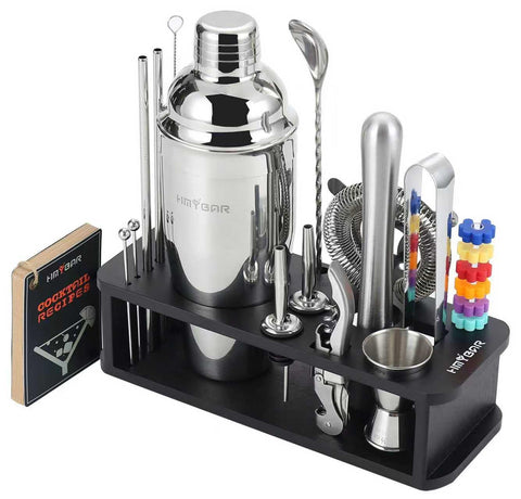 HMYBAR 24oz cocktail shaker on bamboo stand for easy home bartending.