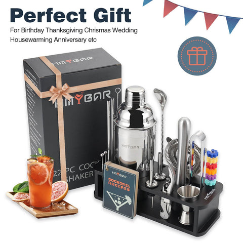 HMYBAR organized black and silver setup ideal for neat home bartending.