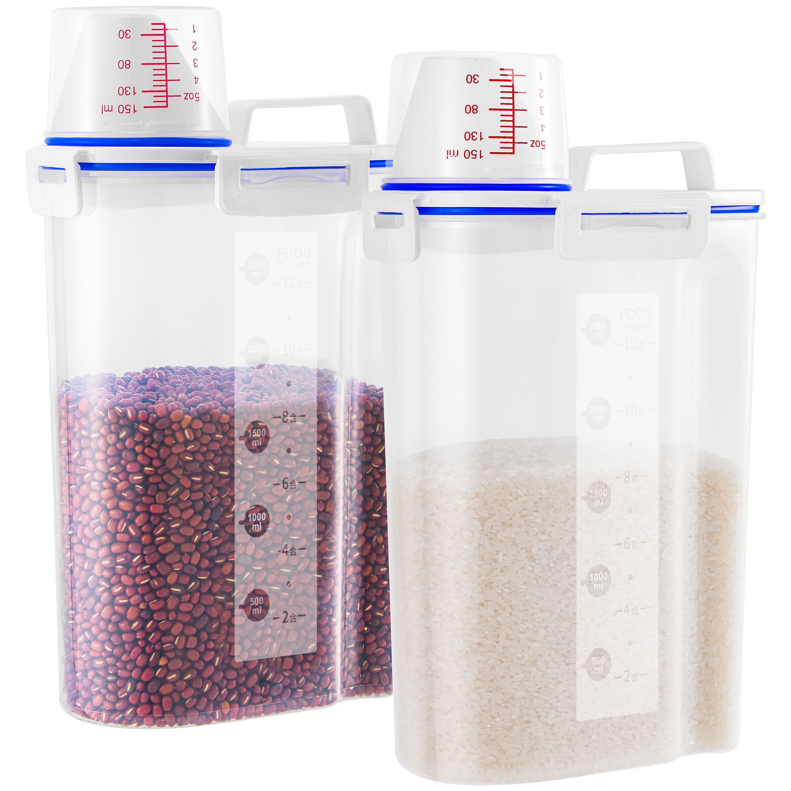 HNNJCK rice dispenser shows 2500ml capacity for organized pantry storage.