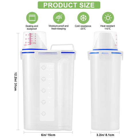 HNNJCK dispenser features pour spout and measuring cup for precise portioning.