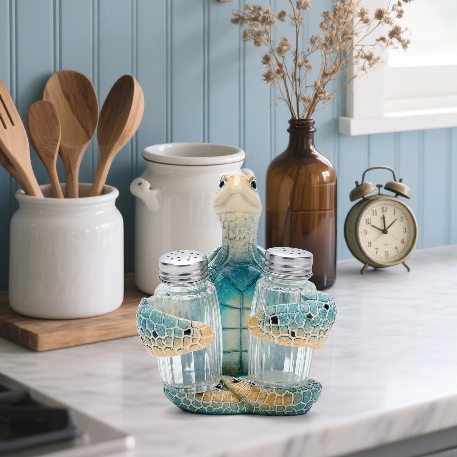 Hodao turtle figurine with glass shakers complements dining tables and bar counters