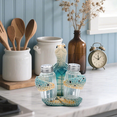 Hodao turtle figurine with glass shakers complements dining tables and bar counters