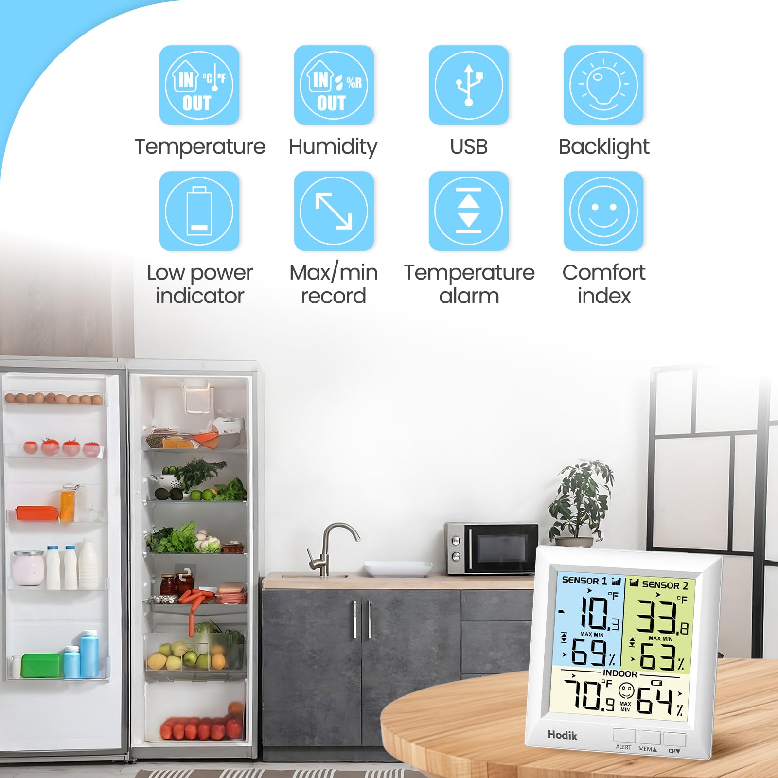 HODIK remote range reaches 330 ft for monitoring across large kitchens.