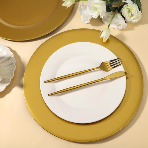 Hoemwarm reusable gold charger plates paired with napkin rings for elegant dining