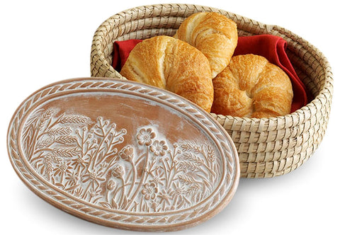 HofArtisan bread warmer basket with stone keeps rolls warm at the table.