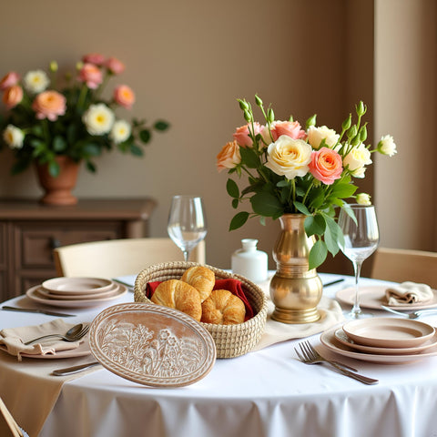 HofArtisan dining table setup with warm bread centerpiece.