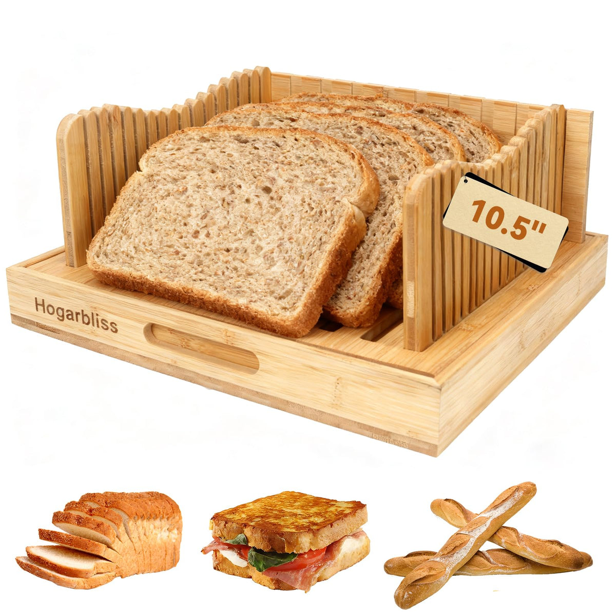 Hogarbliss Bamboo Bread Slicer with crumb tray keeps counters tidy during slicing.