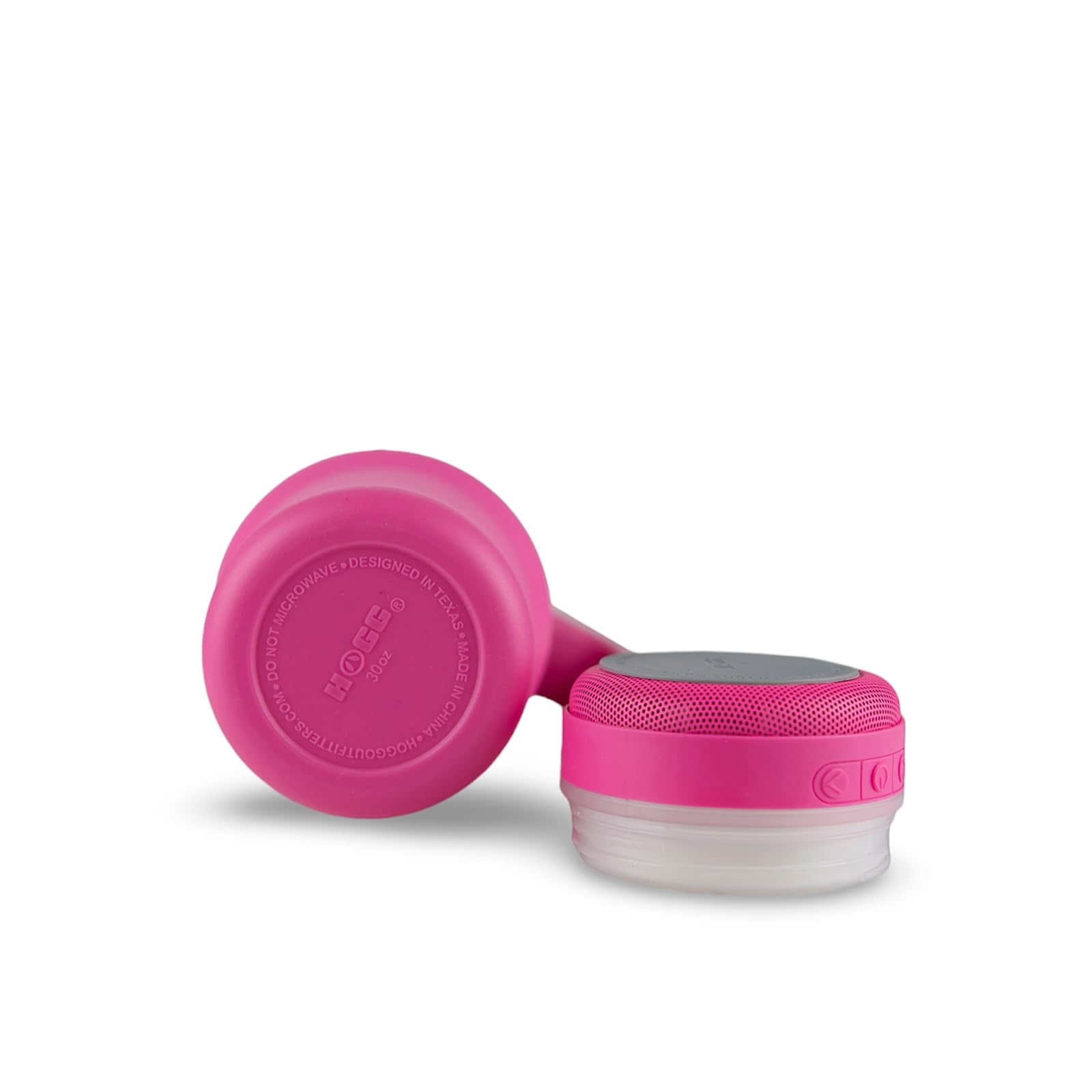 Hogg 30oz pink tumbler on desk with built-in speaker
