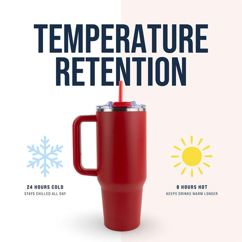 Hogg Big Swig red 40oz insulated stainless body preserves cold drinks.