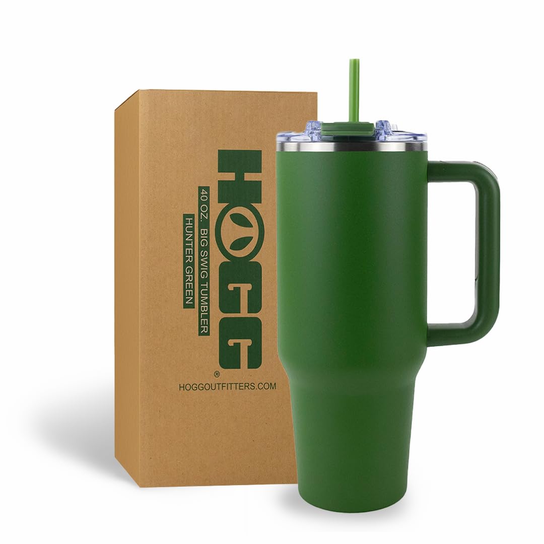 Hogg Big Swig 40oz tumbler with handle and straw in hunter green, ideal for on-the-go hydration