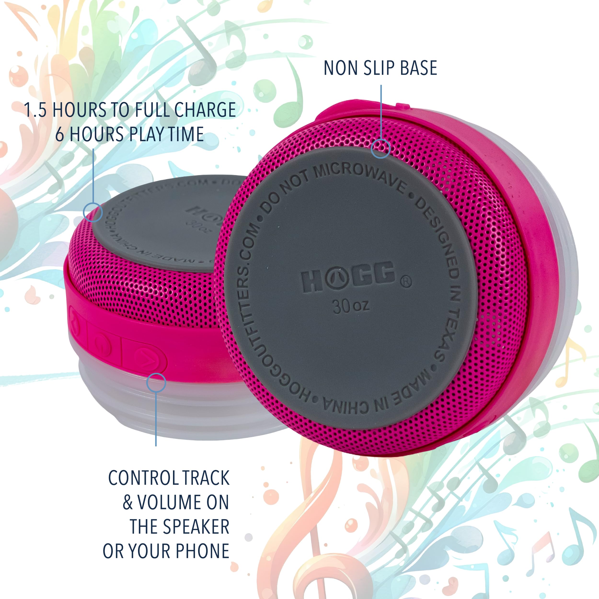 Hogg Bluetooth speaker attachment on pink tumbler for listening anywhere